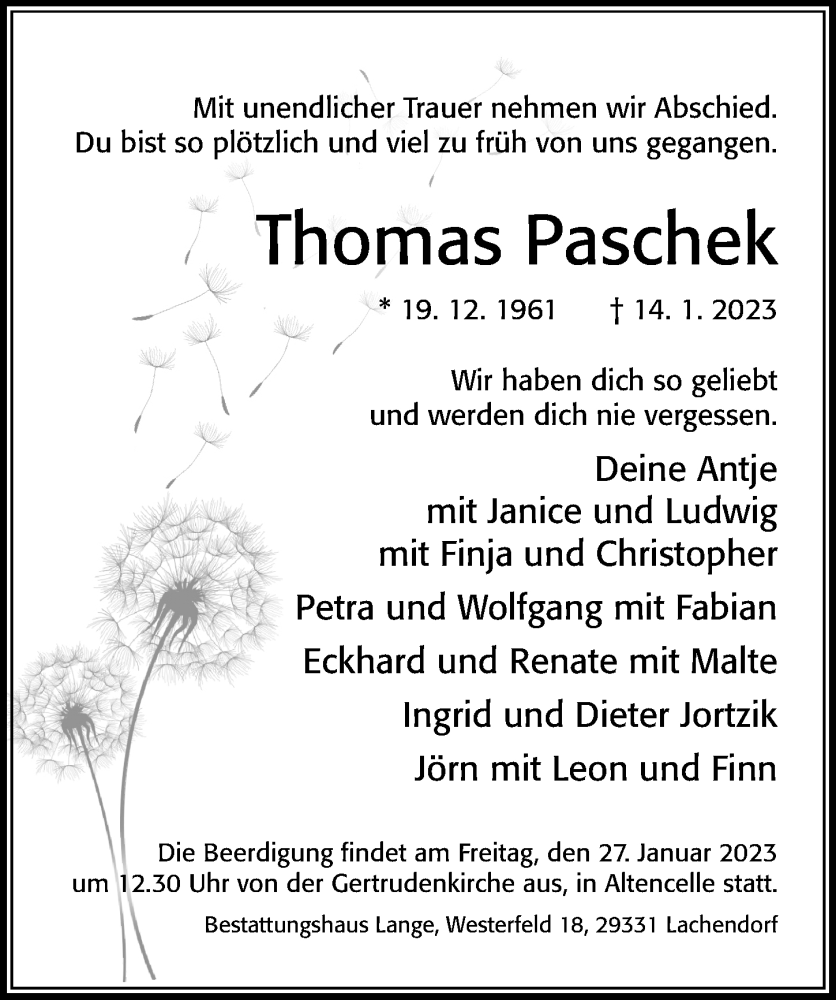  Traueranzeige für Thomas Paschek vom 21.01.2023 aus Cellesche Zeitung