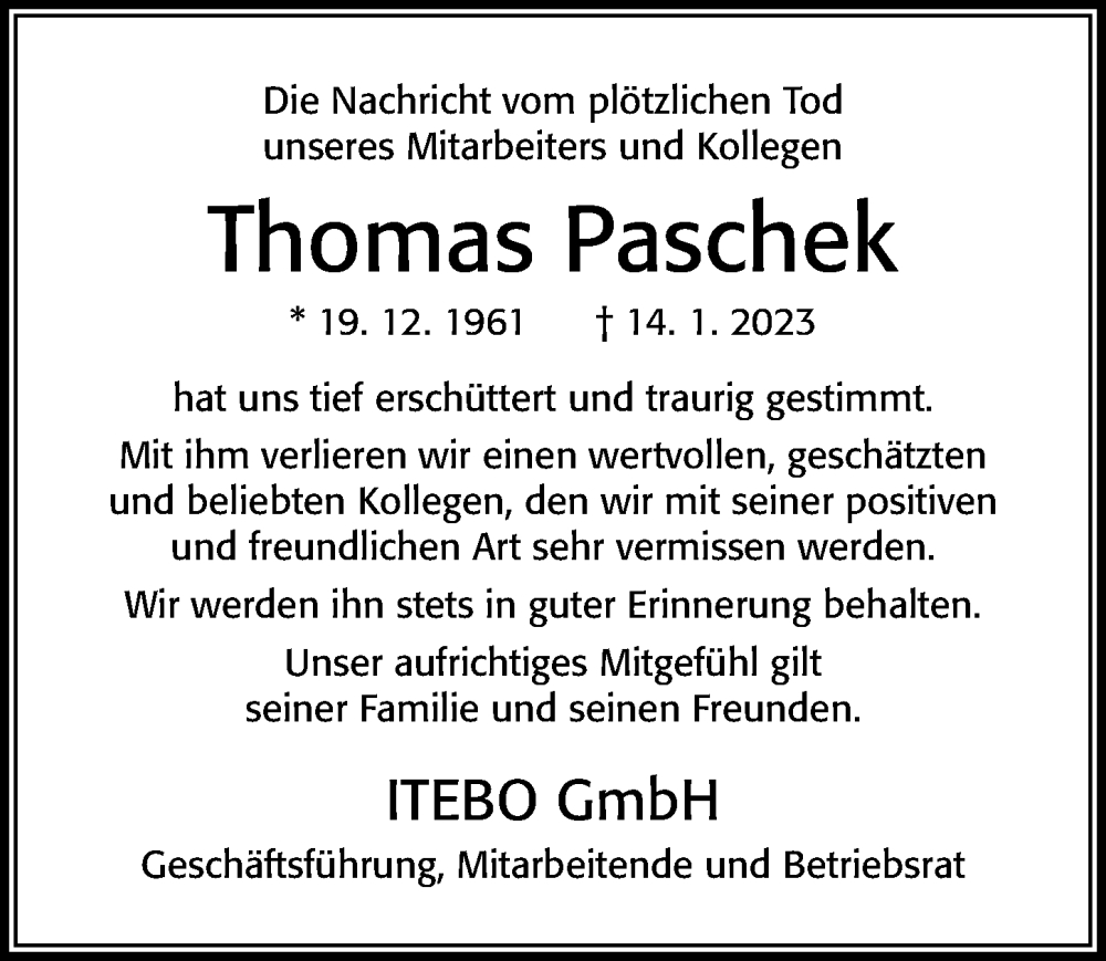  Traueranzeige für Thomas Paschek vom 21.01.2023 aus Cellesche Zeitung