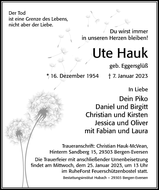 Traueranzeige von Ute Hauk von Cellesche Zeitung