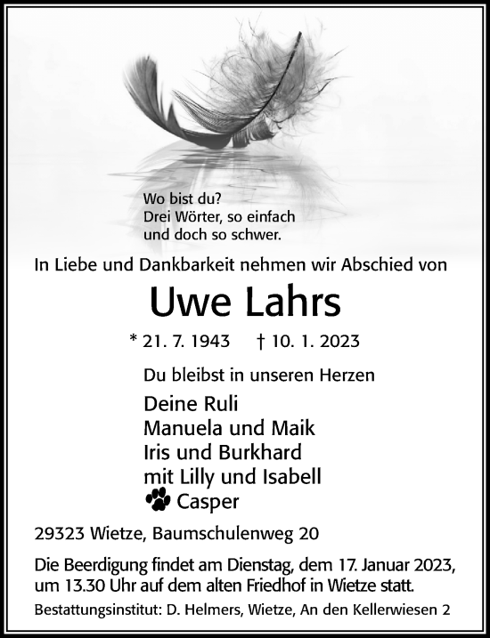 Traueranzeige von Uwe Lahrs von Cellesche Zeitung