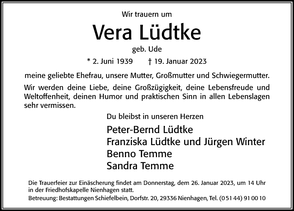  Traueranzeige für Vera Lüdtke vom 24.01.2023 aus Cellesche Zeitung