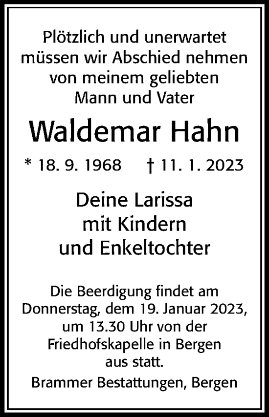 Traueranzeige von Waldemar Hahn von Cellesche Zeitung