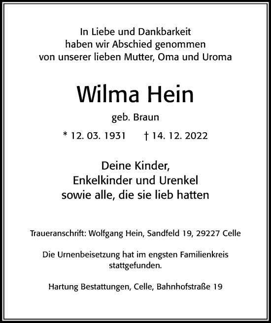 Traueranzeige von Wilma Hein von Cellesche Zeitung
