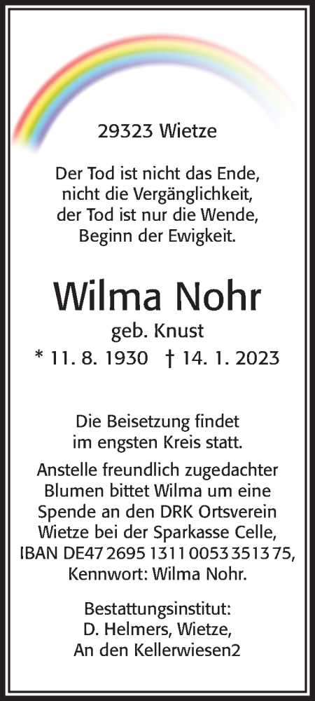 Traueranzeige von Wilma Nohr von Cellesche Zeitung
