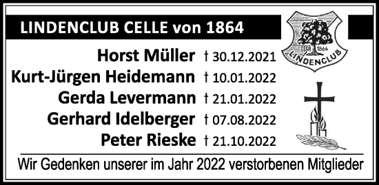 Traueranzeige von Wir Gedenken unserer im Jahr 2022 verstorbenen Mitglieder  von Cellesche Zeitung