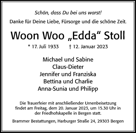 Traueranzeige von Woon Woo Stoll von Cellesche Zeitung