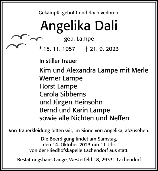 Traueranzeige von Angelika Dali von Cellesche Zeitung
