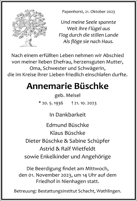 Traueranzeige von Annemarie Büschke von Cellesche Zeitung