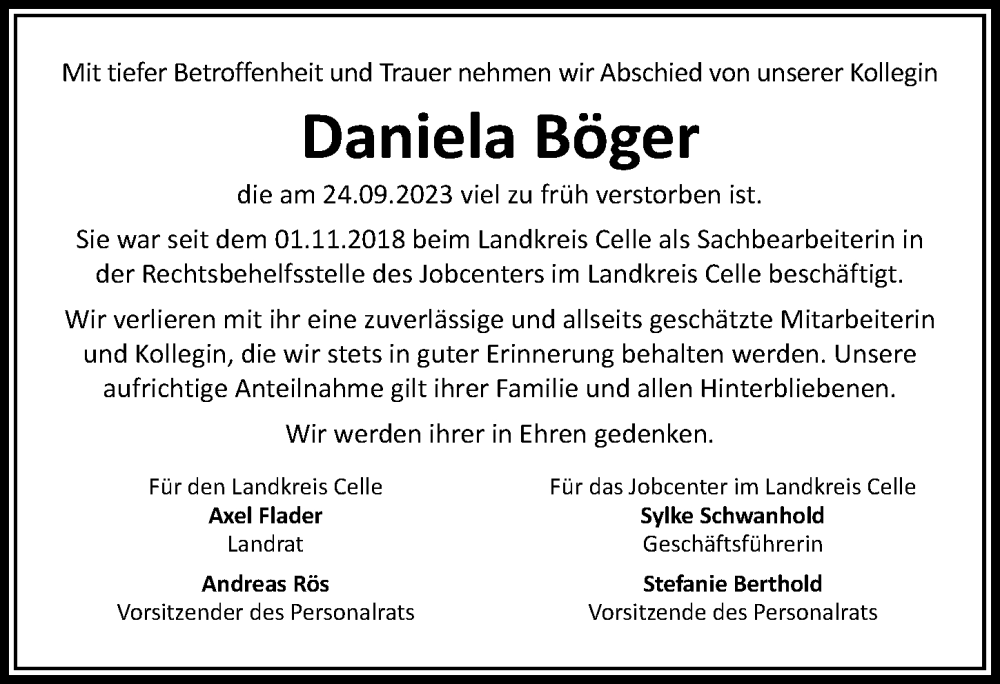  Traueranzeige für Daniela Böger vom 07.10.2023 aus Cellesche Zeitung