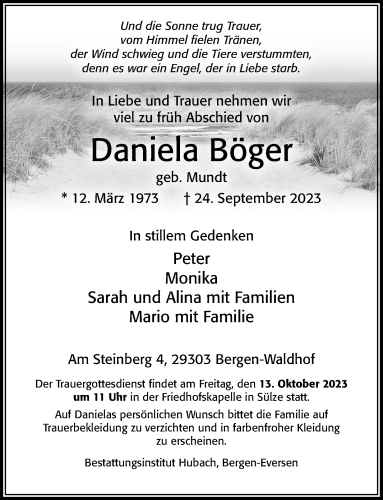  Traueranzeige für Daniela Böger vom 07.10.2023 aus Cellesche Zeitung