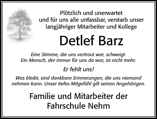 Traueranzeige von Detlef Barz von Cellesche Zeitung