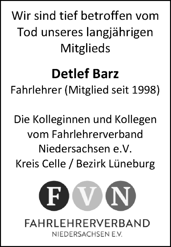 Traueranzeige von Detlef Barz von Cellesche Zeitung