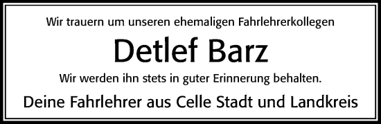 Traueranzeige von Detlef Barz von Cellesche Zeitung