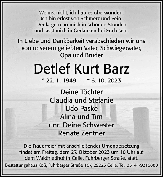 Traueranzeige von Detlef Kurt Barz von Cellesche Zeitung