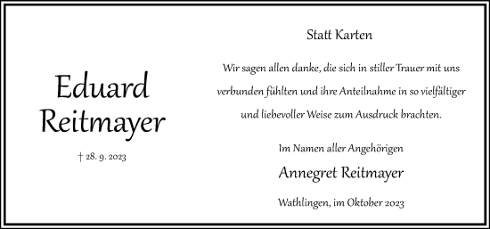 Traueranzeige von Eduard Reitmayer von Cellesche Zeitung