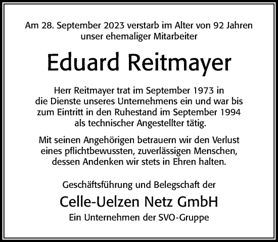 Traueranzeige von Eduard Reitmayer von Cellesche Zeitung
