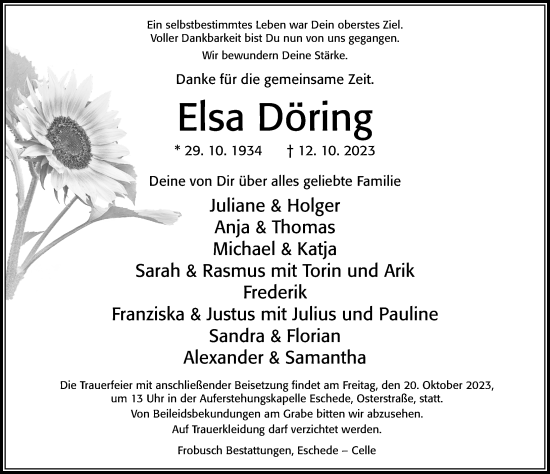 Traueranzeige von Elsa Döring von Cellesche Zeitung