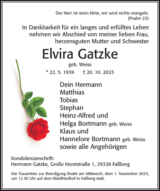 Traueranzeige von Elvira Gatzke von Cellesche Zeitung