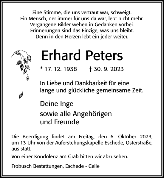 Traueranzeige von Erhard Peters von Cellesche Zeitung