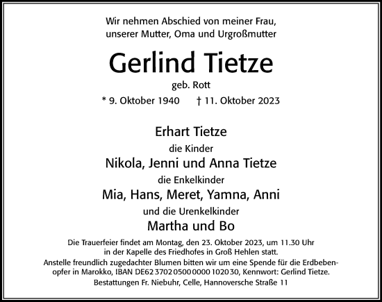 Traueranzeige von Gerlind Tietze von Cellesche Zeitung