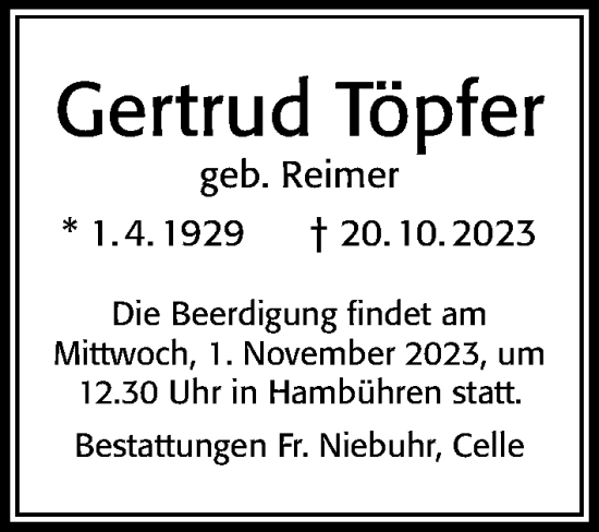 Traueranzeige von Gertrud Töpfer von Cellesche Zeitung