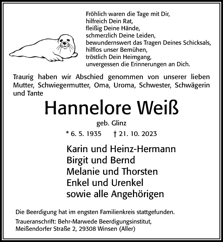  Traueranzeige für Hannelore Weiß vom 28.10.2023 aus Cellesche Zeitung