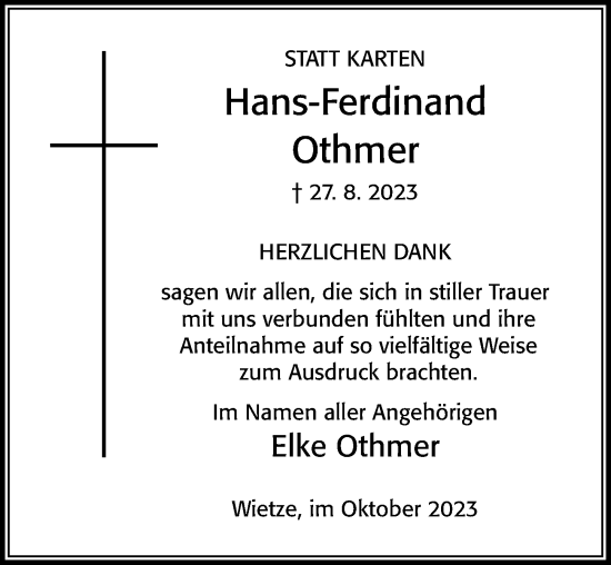 Traueranzeige von Hans-Ferdinand Othmer von Cellesche Zeitung