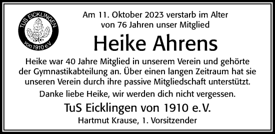 Traueranzeige von Heike Ahrens von Cellesche Zeitung