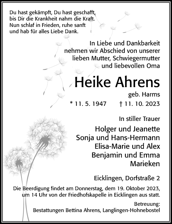 Traueranzeige von Heike Ahrens von Cellesche Zeitung