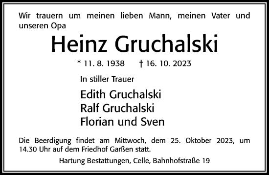 Traueranzeige von Heinz Gruchalski von Cellesche Zeitung