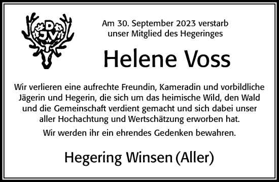 Traueranzeige von Helene Voss von Cellesche Zeitung