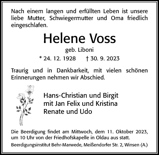 Traueranzeige von Helene Voss von Cellesche Zeitung