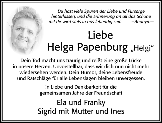 Traueranzeige von Helga Papenburg von Cellesche Zeitung