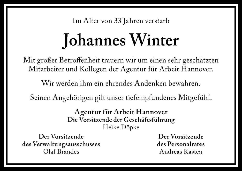  Traueranzeige für Johannes Winter vom 14.10.2023 aus Cellesche Zeitung