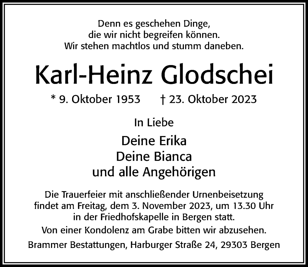  Traueranzeige für Karl-Heinz Glodschei vom 28.10.2023 aus Cellesche Zeitung