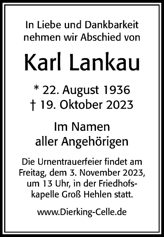 Traueranzeige von Karl Lankau von Cellesche Zeitung