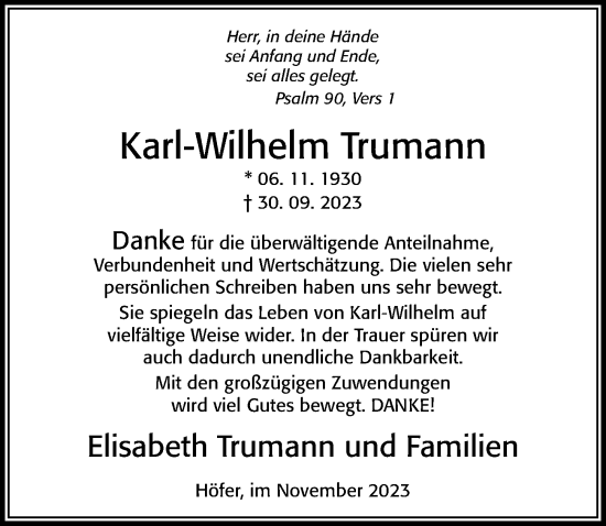 Traueranzeige von Karl-Wilhelm Trumann von Cellesche Zeitung