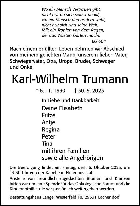 Traueranzeige von Karl-Wilhelm Trumann von Cellesche Zeitung