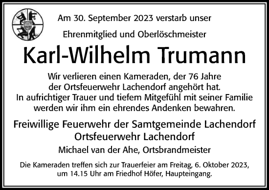 Traueranzeige von Karl-Wilhelm Trumann von Cellesche Zeitung