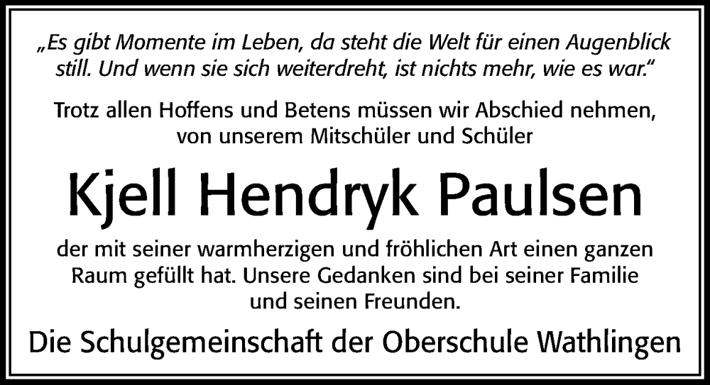  Traueranzeige für Kjell Hendryk Paulsen vom 07.10.2023 aus Cellesche Zeitung