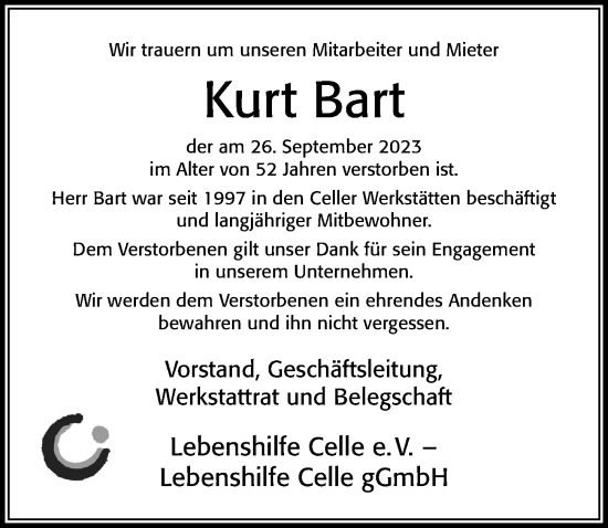 Traueranzeige von Kurt Bart von Cellesche Zeitung