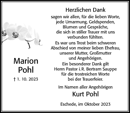 Traueranzeige von Marion Pohl von Cellesche Zeitung