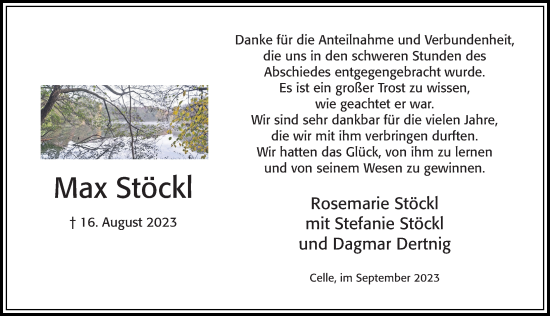 Traueranzeige von Max Stöckl von Cellesche Zeitung