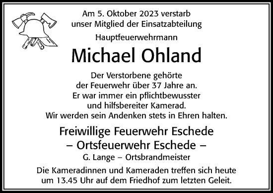 Traueranzeige von Michael Ohland von Cellesche Zeitung