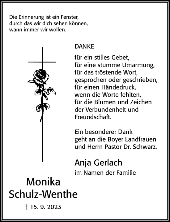 Traueranzeige von Monika Schulz-Wenthe von Cellesche Zeitung