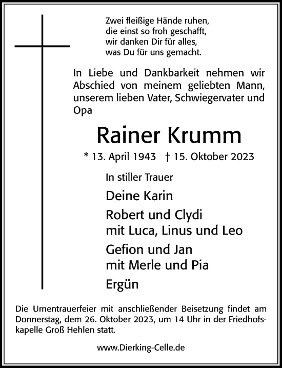 Traueranzeige von Rainer Krumm von Cellesche Zeitung