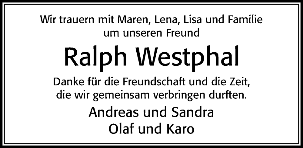  Traueranzeige für Ralph Westphal vom 21.10.2023 aus Cellesche Zeitung