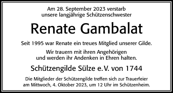 Traueranzeige von Renate Gambalat von Cellesche Zeitung