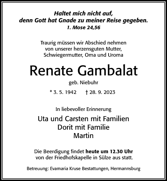 Traueranzeige von Renate Gambalat von Cellesche Zeitung