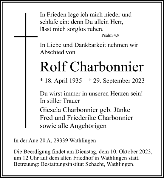 Traueranzeige von Rolf Charbonnier von Cellesche Zeitung